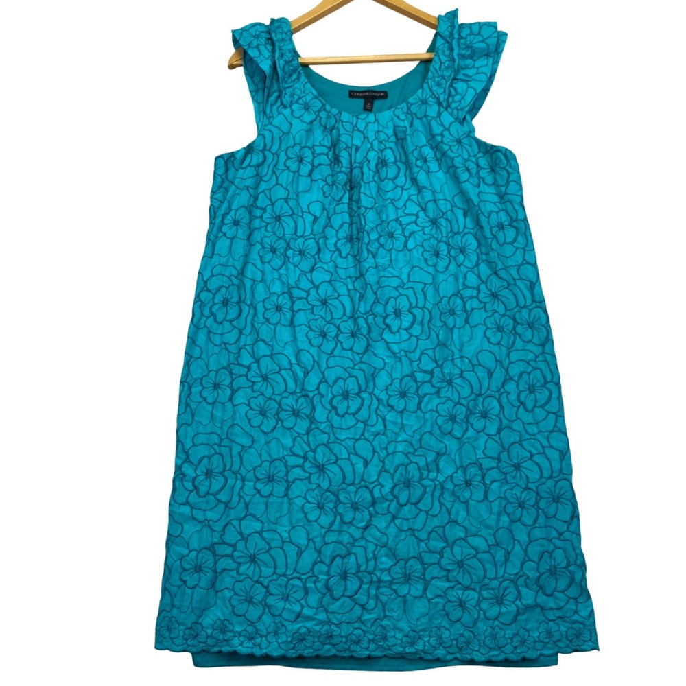 Chris McLaughlin Womens 16 Jade Tourquoise Shift Dress Floral Overlay Pleated